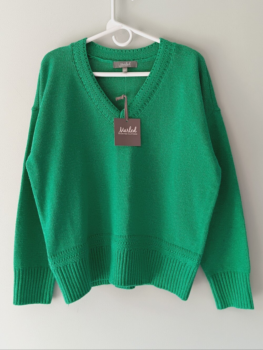 Marled Wool Blend V-Neck Knitted Casual Sweater Long-sleeved Mint Green Large